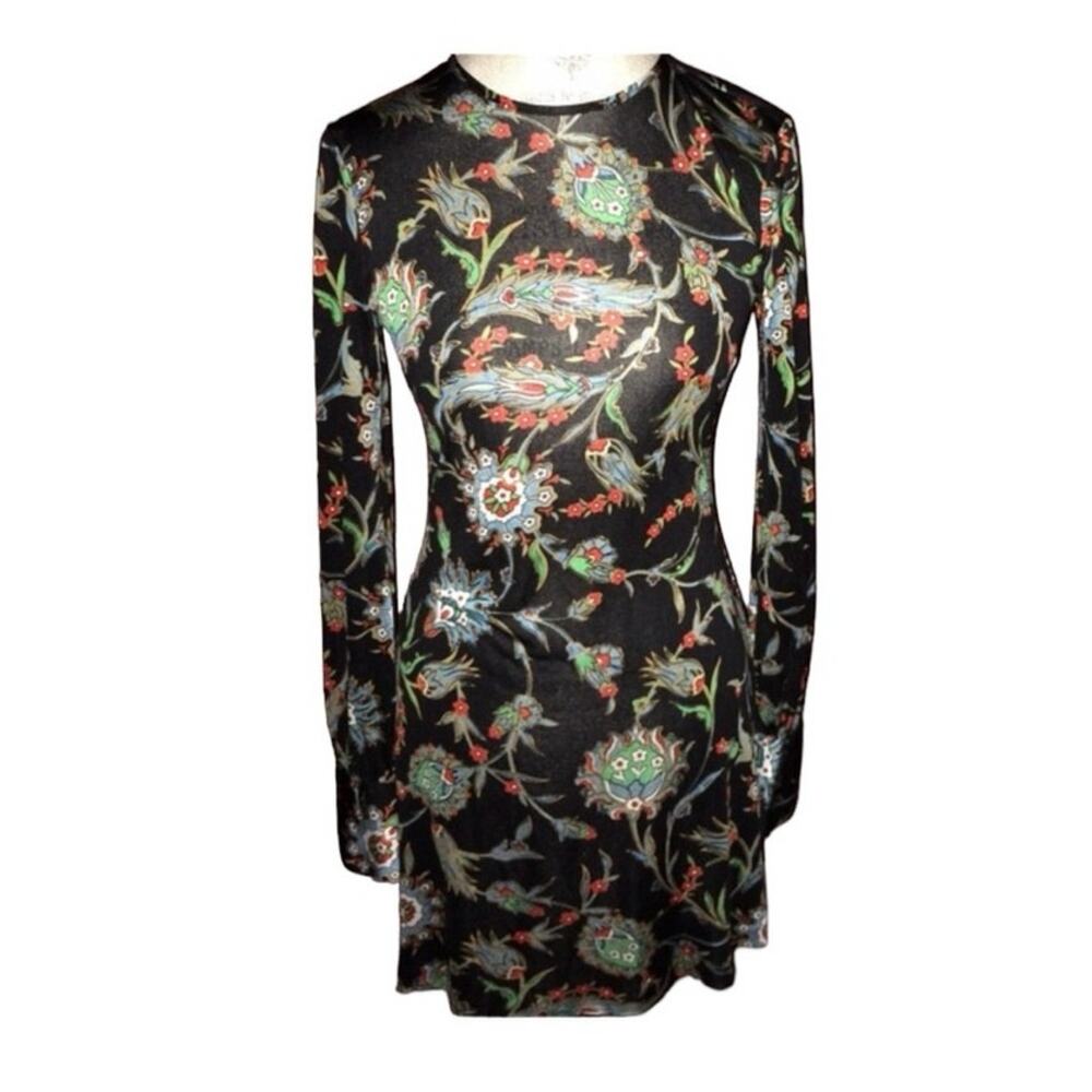 Nieves Lavi Dress Anthropologie Black Floral Print Silk Whimsigoth Mini Size 0